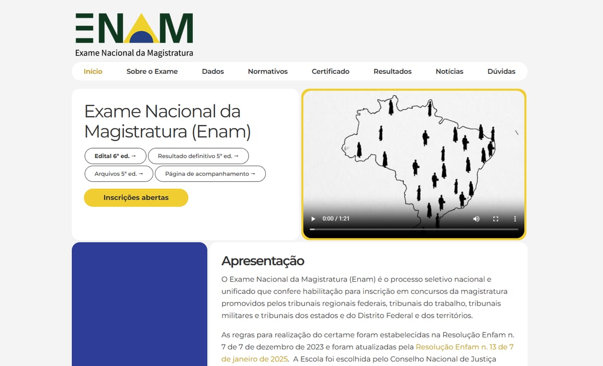 ENAM portal home page, with the exam title, links to the current edition and a presentation video