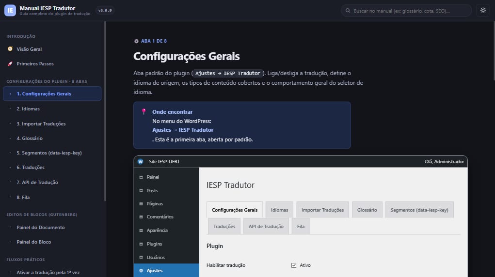 IESP Tradutor manual, showing the plugin's General Settings tab in the WordPress admin