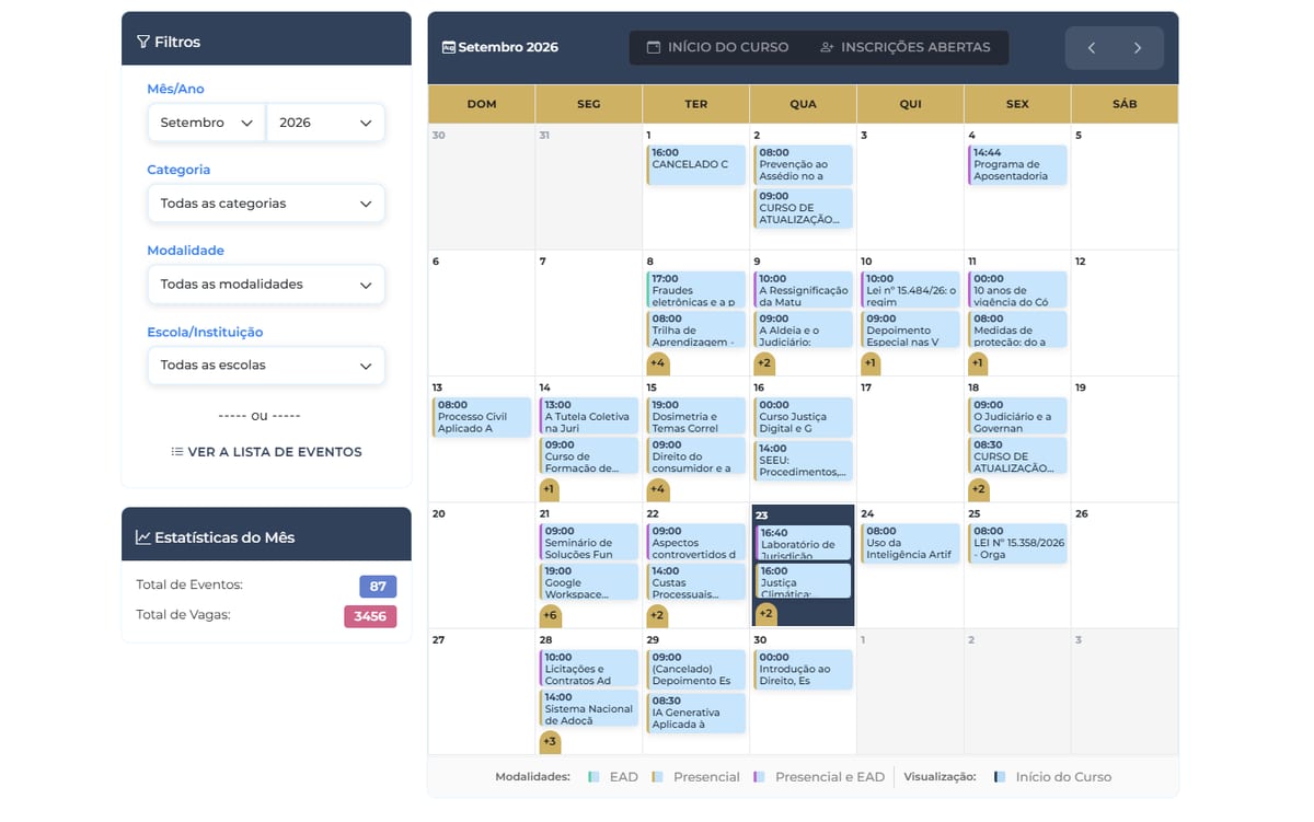 Renejum calendar for September 2026, with filters for month, category, modality and school, and monthly totals of events and seats